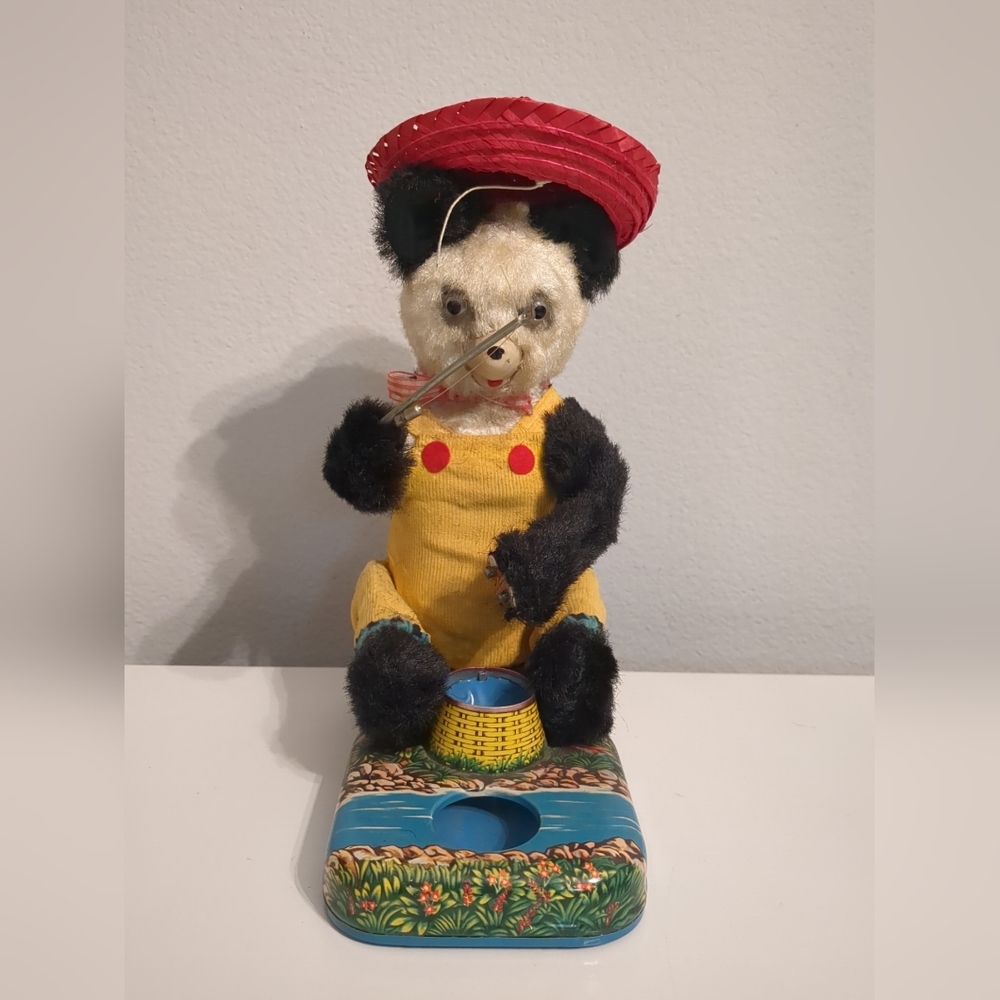 Vintage 1950s ALPS Japan Fishing Panda Tin Toy Flocked Bear. Non Working